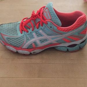 Neon pink and turquoise ASICS gel flux sneakers